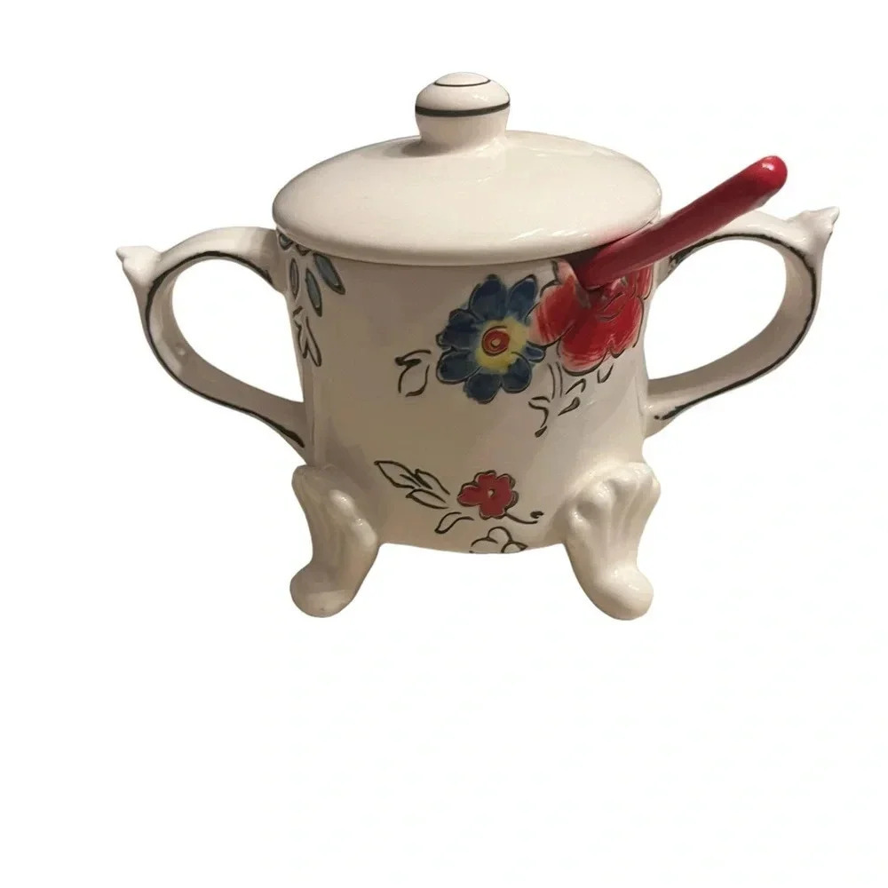 Anthropologie Molly Hatch Floral Sugar Bowl With Spoon